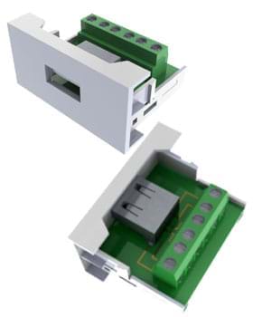 Vista frontal y trasera del módulo con conector USB Tipo A Hembra para cajas Ouver EasyFit
